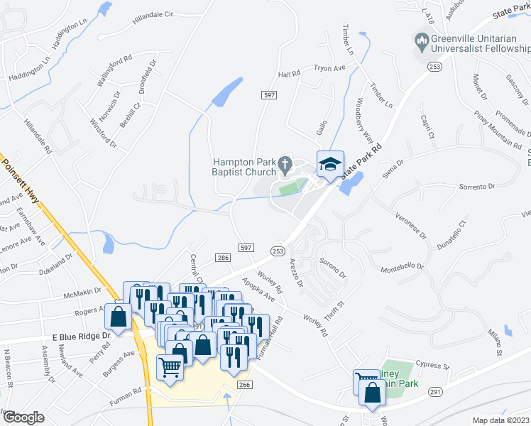 map of restaurants, bars, coffee shops, grocery stores, and more near 4965 Crestwood Road in Greenville