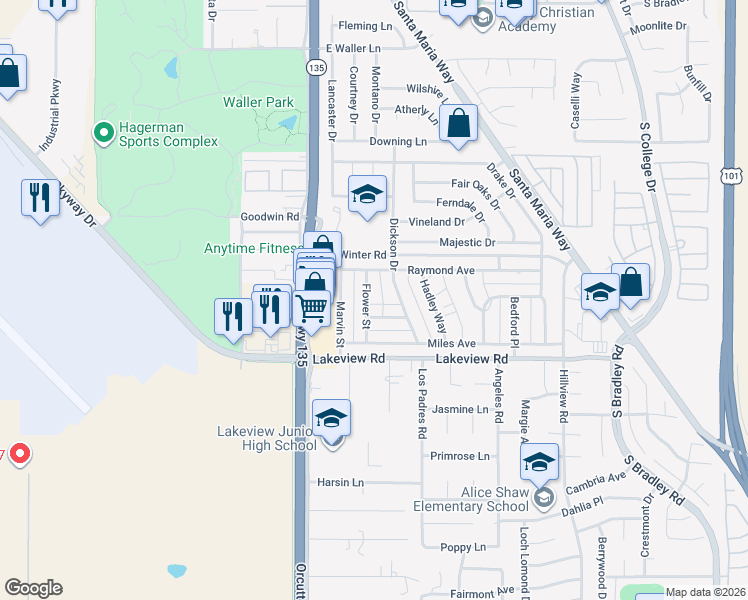 map of restaurants, bars, coffee shops, grocery stores, and more near 3470 Flower Street in Santa Maria