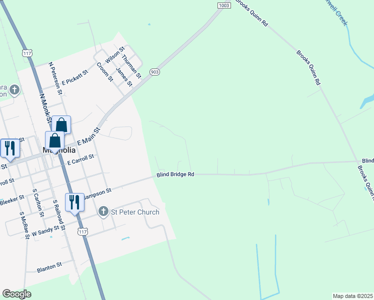 map of restaurants, bars, coffee shops, grocery stores, and more near Rivenbark Farm Lane in Magnolia
