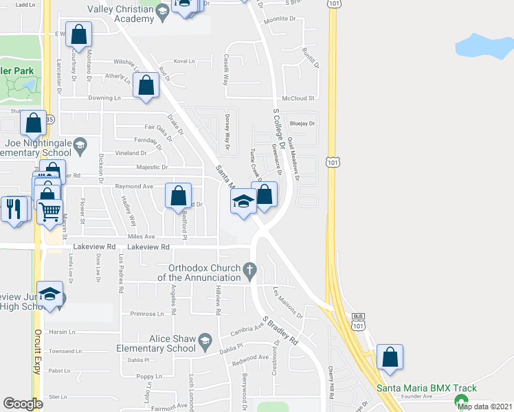 map of restaurants, bars, coffee shops, grocery stores, and more near in Orcutt