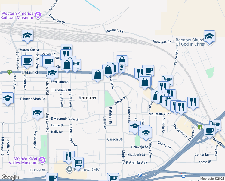map of restaurants, bars, coffee shops, grocery stores, and more near 401 Adele Drive in Barstow