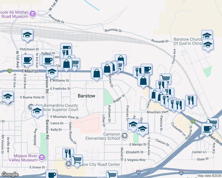 map of restaurants, bars, coffee shops, grocery stores, and more near 401 Adele Drive in Barstow