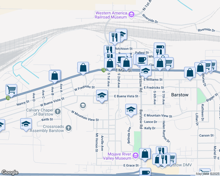 map of restaurants, bars, coffee shops, grocery stores, and more near 325 South 1st Avenue in Barstow