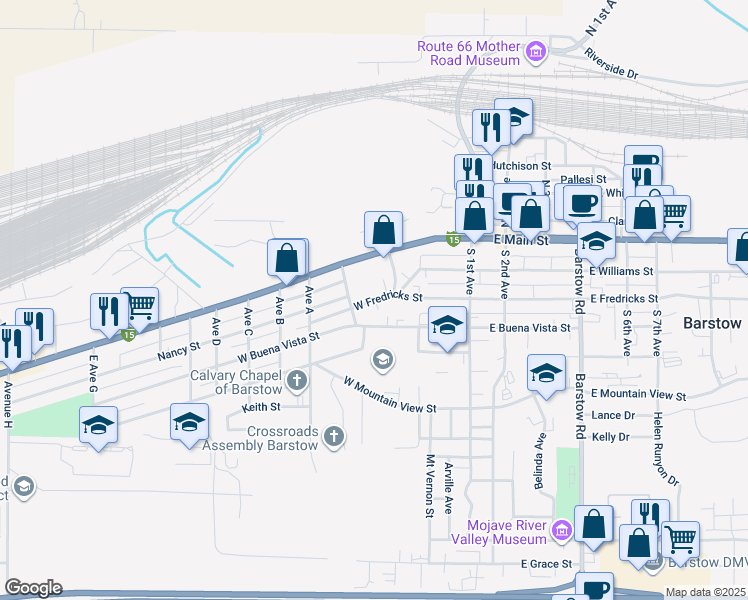 map of restaurants, bars, coffee shops, grocery stores, and more near 518 West Fredricks Street in Barstow