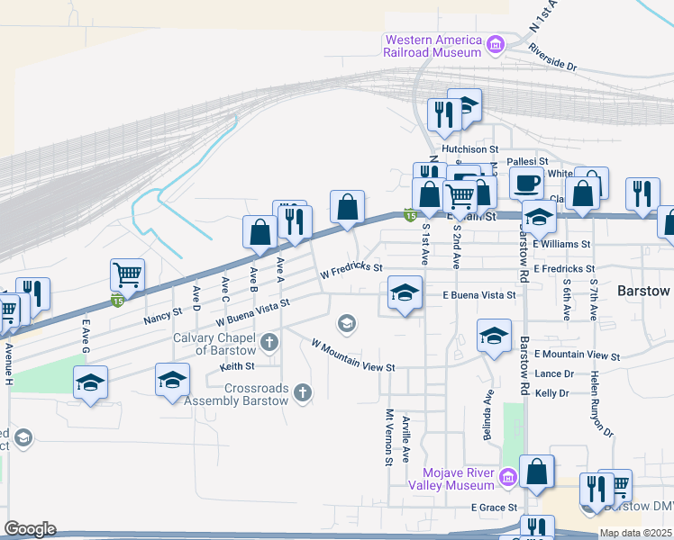 map of restaurants, bars, coffee shops, grocery stores, and more near 518 West Fredricks Street in Barstow