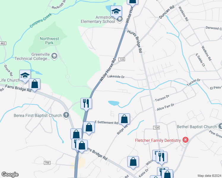 map of restaurants, bars, coffee shops, grocery stores, and more near 1 Eldorado Drive in Greenville