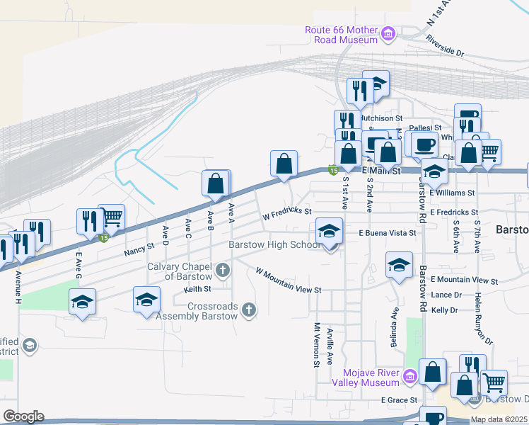 map of restaurants, bars, coffee shops, grocery stores, and more near 129 May Avenue in Barstow