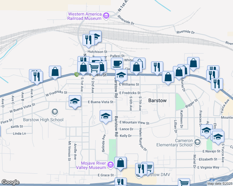 map of restaurants, bars, coffee shops, grocery stores, and more near Barstow Road & East Fredricks Street in Barstow