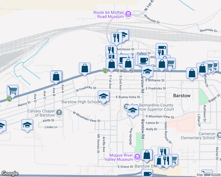 map of restaurants, bars, coffee shops, grocery stores, and more near 2 East Fredricks Street in Barstow