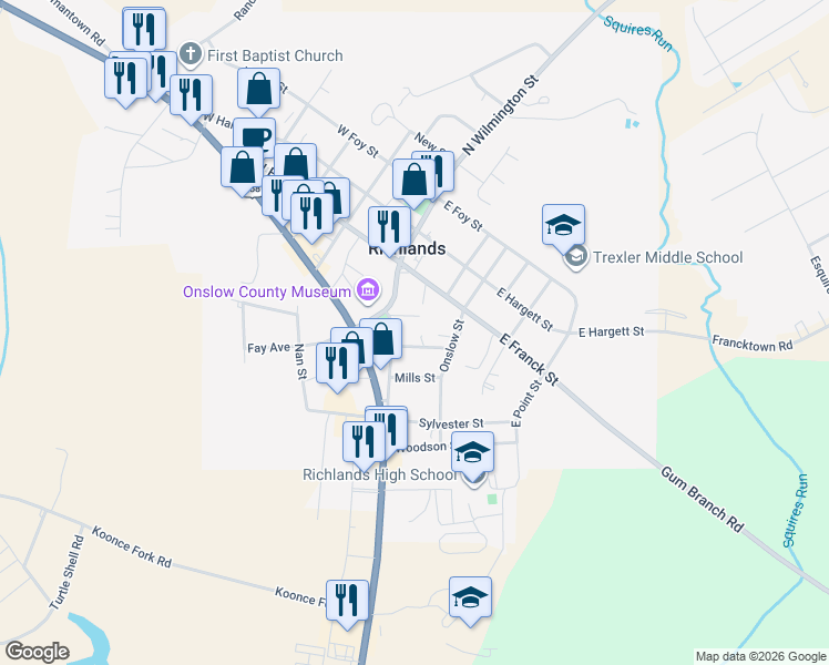 map of restaurants, bars, coffee shops, grocery stores, and more near 202 North Wilmington Street in Richlands