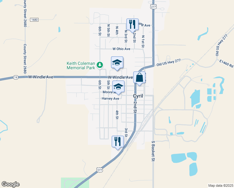 map of restaurants, bars, coffee shops, grocery stores, and more near 300 West Main Street in Cyril