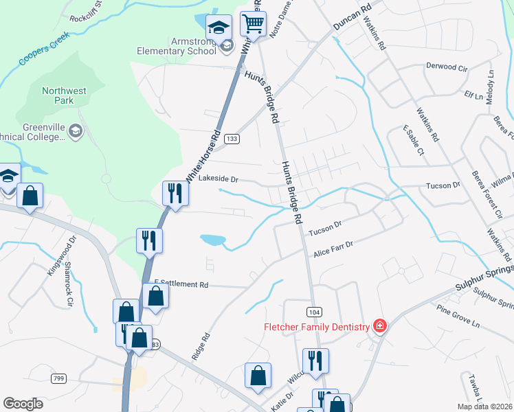 map of restaurants, bars, coffee shops, grocery stores, and more near 33 Eldorado Drive in Greenville