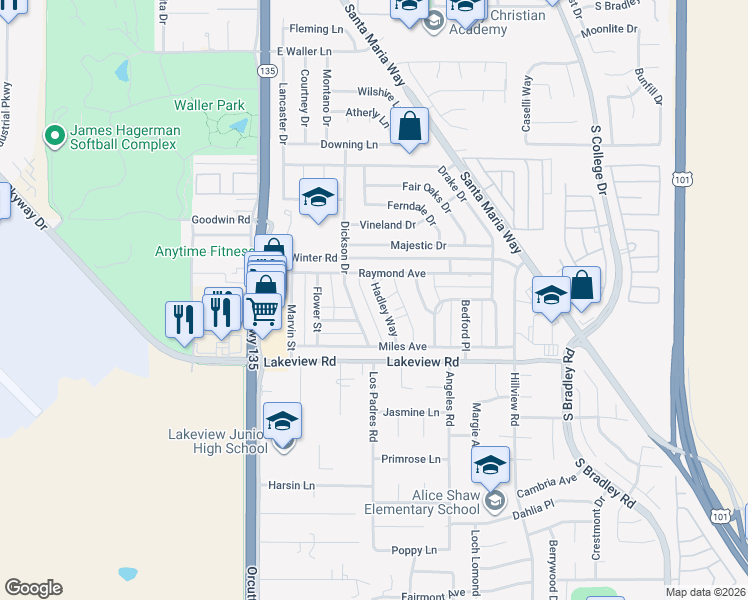 map of restaurants, bars, coffee shops, grocery stores, and more near 3490 Dickson Drive in Santa Maria