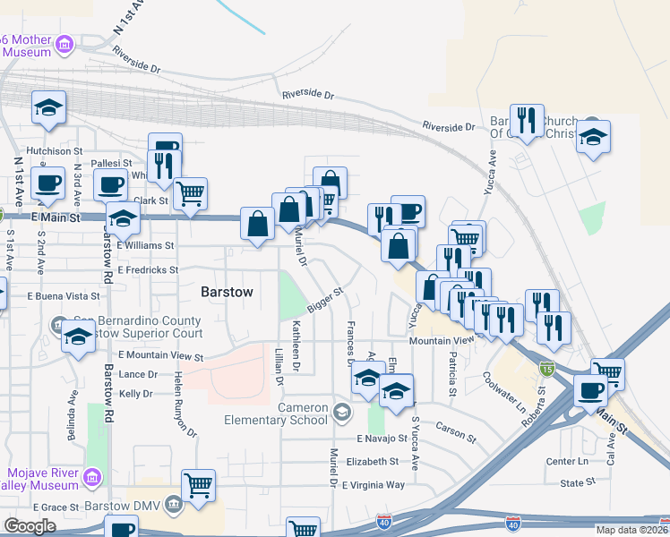 map of restaurants, bars, coffee shops, grocery stores, and more near 360 Francis Drive in Barstow