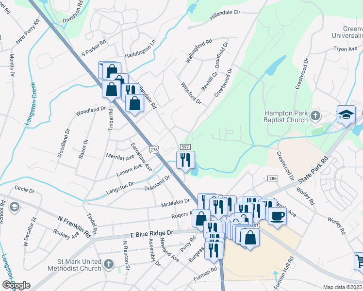 map of restaurants, bars, coffee shops, grocery stores, and more near 1 Crestwood Drive in Greenville