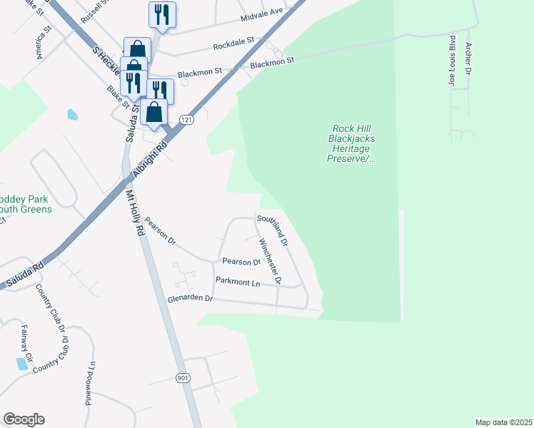 map of restaurants, bars, coffee shops, grocery stores, and more near 985 Southland Drive in Rock Hill