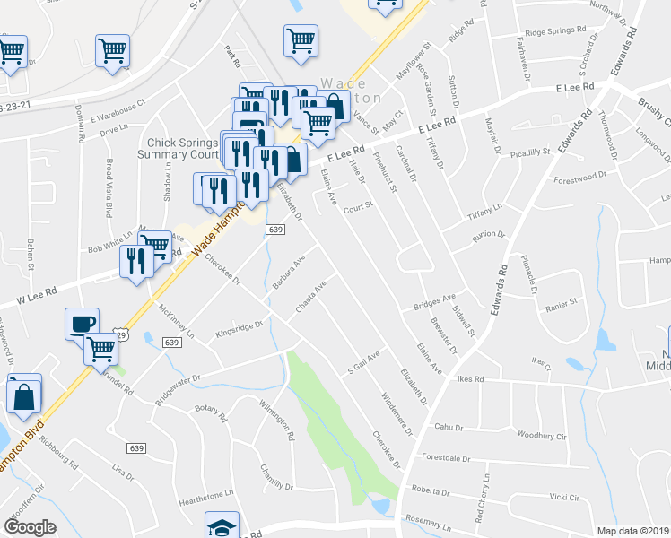 map of restaurants, bars, coffee shops, grocery stores, and more near 236 Elizabeth Drive in Greenville