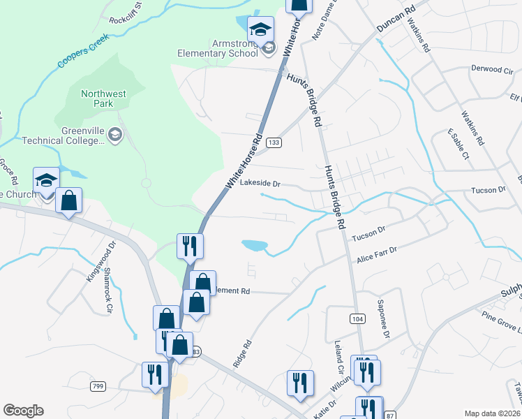 map of restaurants, bars, coffee shops, grocery stores, and more near 12 Eldorado Drive in Greenville