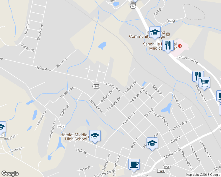 map of restaurants, bars, coffee shops, grocery stores, and more near 1001 Hylan Avenue in Hamlet