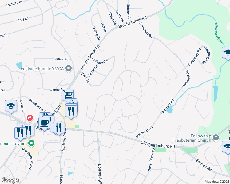 map of restaurants, bars, coffee shops, grocery stores, and more near 102 Crosswinds Street in Greer