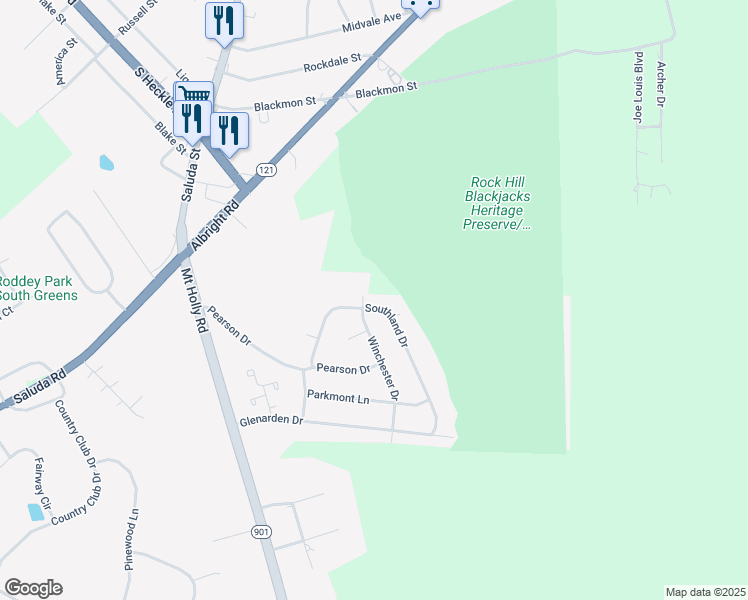map of restaurants, bars, coffee shops, grocery stores, and more near 985 Southland Drive in Rock Hill