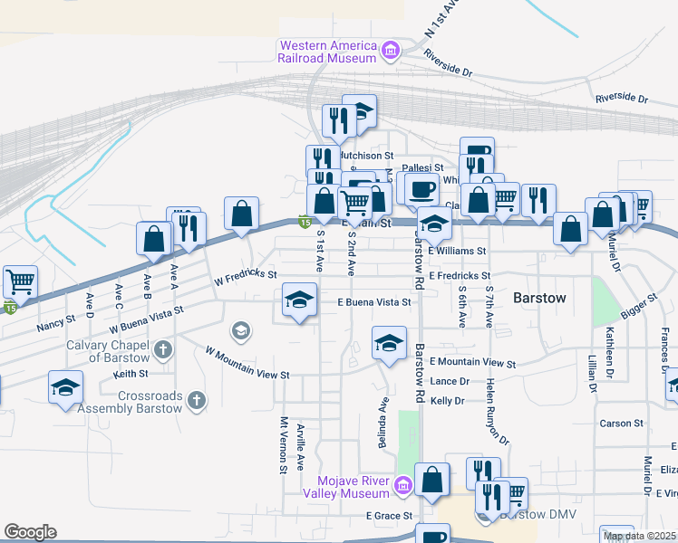map of restaurants, bars, coffee shops, grocery stores, and more near 112 East Williams Street in Barstow