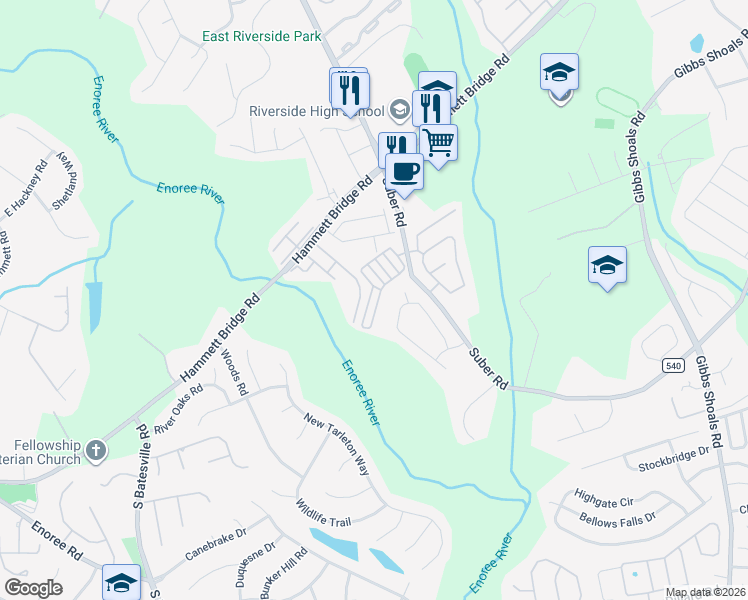 map of restaurants, bars, coffee shops, grocery stores, and more near 109 Riverside Towne Circle in Greer