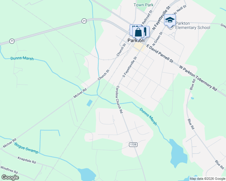 map of restaurants, bars, coffee shops, grocery stores, and more near Carolina Church Road in Parkton