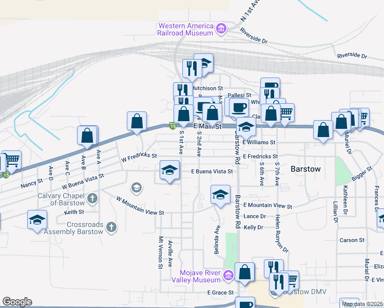 map of restaurants, bars, coffee shops, grocery stores, and more near 112 East Williams Street in Barstow