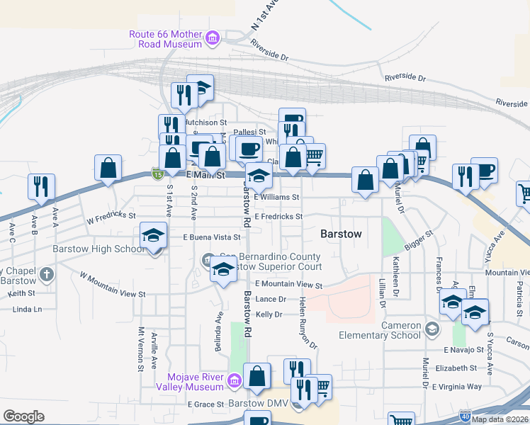 map of restaurants, bars, coffee shops, grocery stores, and more near 525 East Fredricks Street in Barstow