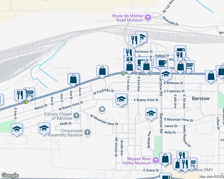map of restaurants, bars, coffee shops, grocery stores, and more near 203 West Fredricks Street in Barstow