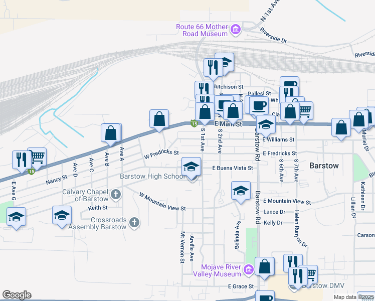 map of restaurants, bars, coffee shops, grocery stores, and more near 129 West Fredricks Street in Barstow
