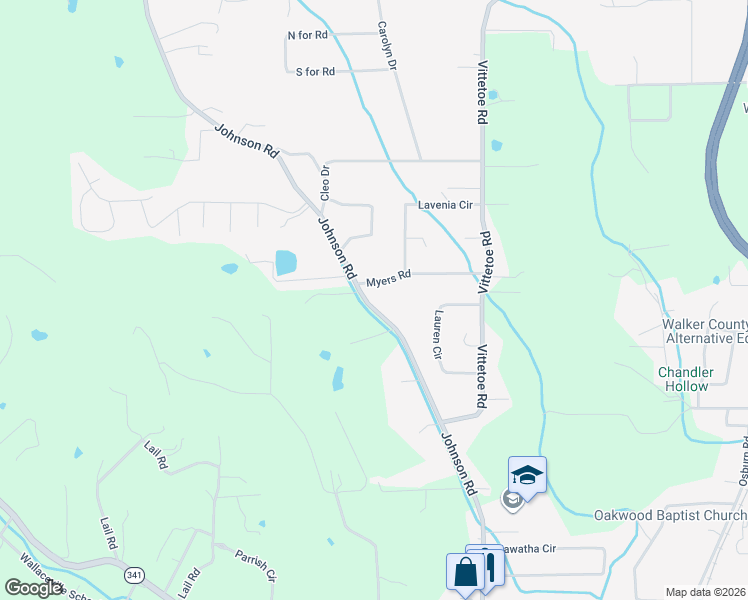 map of restaurants, bars, coffee shops, grocery stores, and more near 261 Myers Road in Chickamauga