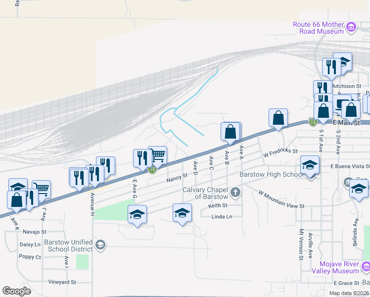 map of restaurants, bars, coffee shops, grocery stores, and more near 971 West Main Street in Barstow