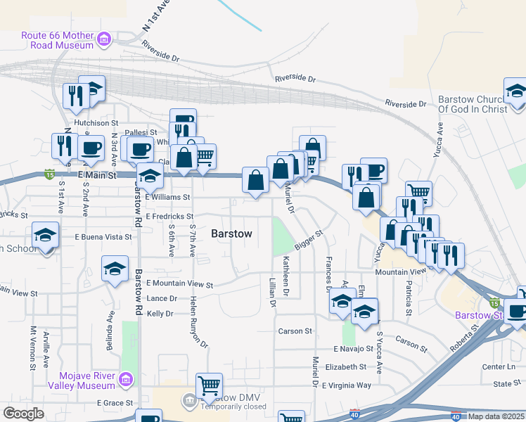map of restaurants, bars, coffee shops, grocery stores, and more near 200 Lillian Drive in Barstow