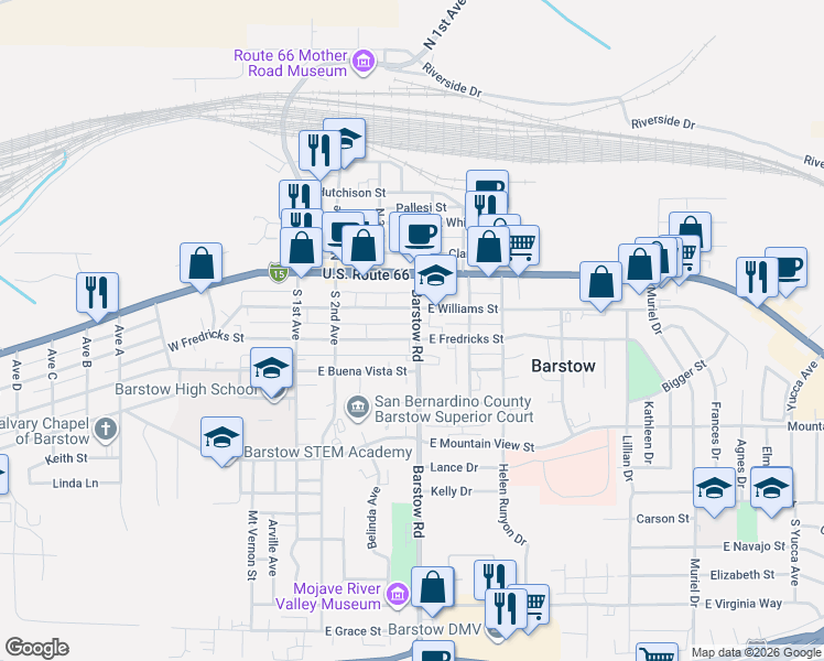 map of restaurants, bars, coffee shops, grocery stores, and more near 504 East Williams Street in Barstow