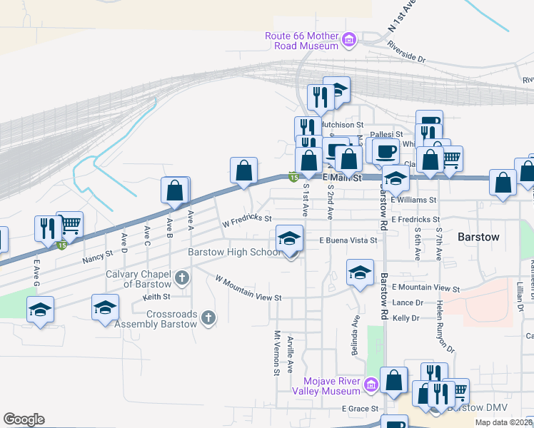 map of restaurants, bars, coffee shops, grocery stores, and more near 200 West Williams Street in Barstow