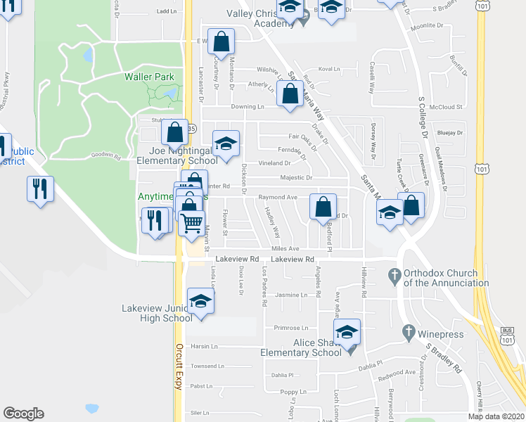 map of restaurants, bars, coffee shops, grocery stores, and more near 3430 Dickson Drive in Santa Maria