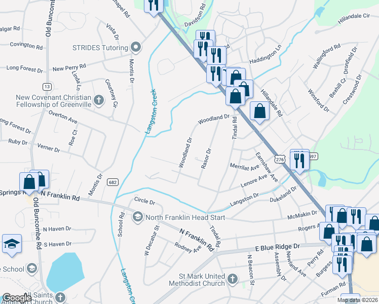map of restaurants, bars, coffee shops, grocery stores, and more near 120 Woodland Drive in Greenville