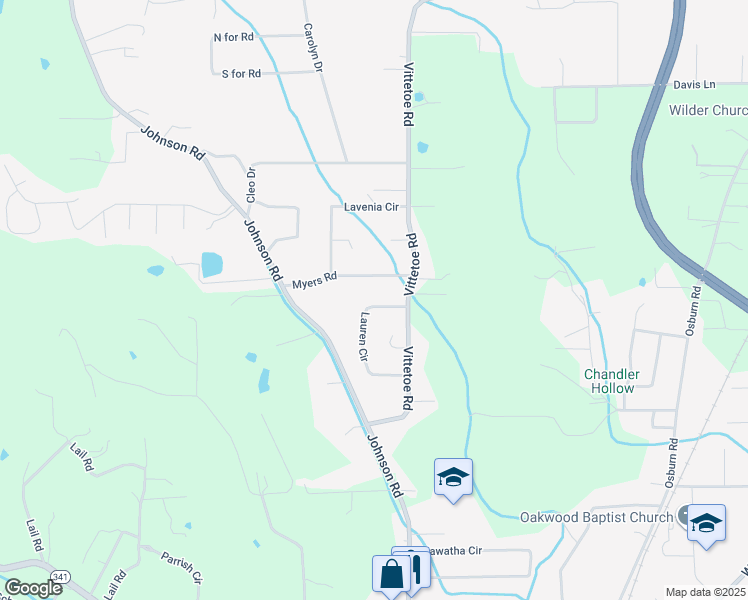 map of restaurants, bars, coffee shops, grocery stores, and more near 85 Myers Road in Chickamauga