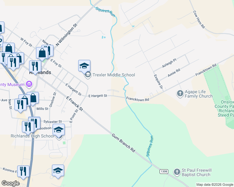 map of restaurants, bars, coffee shops, grocery stores, and more near 255 Winstead Street in Richlands