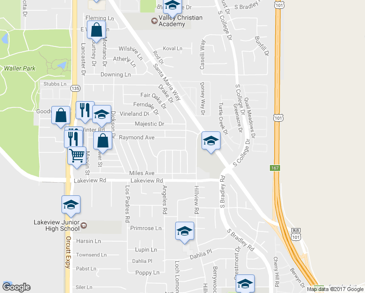 map of restaurants, bars, coffee shops, grocery stores, and more near 3481 Drake Drive in Santa Maria