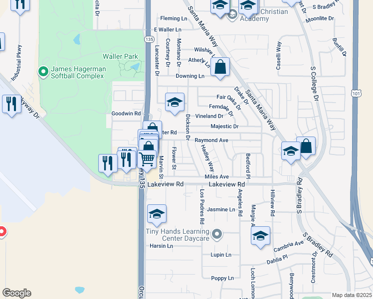 map of restaurants, bars, coffee shops, grocery stores, and more near 3455 Dickson Drive in Santa Maria