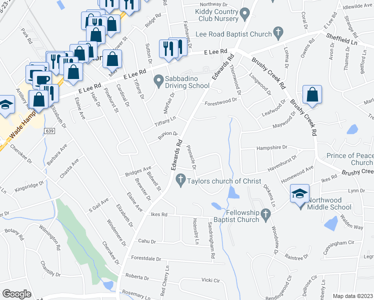 map of restaurants, bars, coffee shops, grocery stores, and more near 2 Pinnacle Drive in Taylors