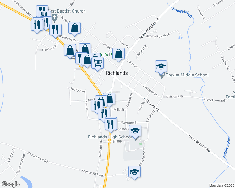 map of restaurants, bars, coffee shops, grocery stores, and more near 102 Fairview Lane in Richlands