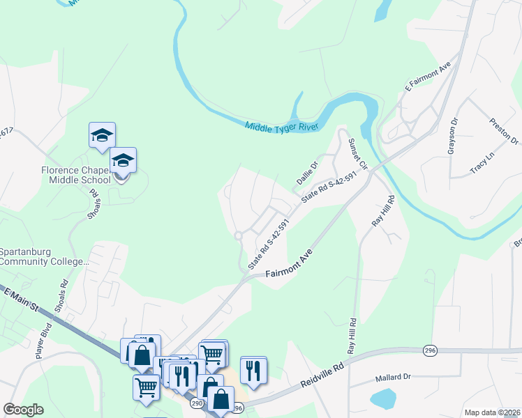 map of restaurants, bars, coffee shops, grocery stores, and more near 628 Munchberry Way in Spartanburg