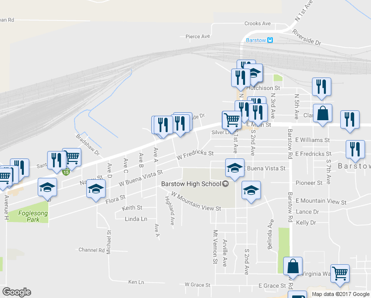 map of restaurants, bars, coffee shops, grocery stores, and more near 501 West Fredricks Street in Barstow