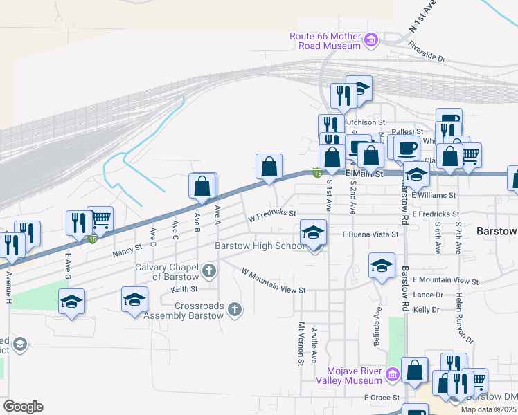 map of restaurants, bars, coffee shops, grocery stores, and more near 501 West Fredricks Street in Barstow