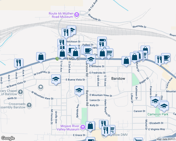 map of restaurants, bars, coffee shops, grocery stores, and more near 504 East Williams Street in Barstow