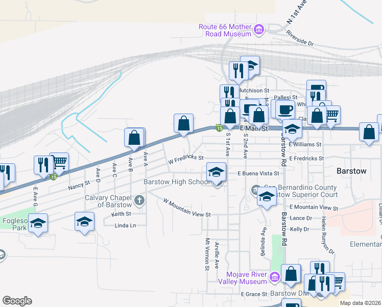 map of restaurants, bars, coffee shops, grocery stores, and more near 300 Main Street in Barstow